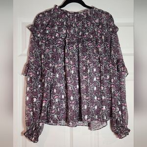 INC International Concepts Black And Pink Floral Sheer Long Sleeve Blouse M